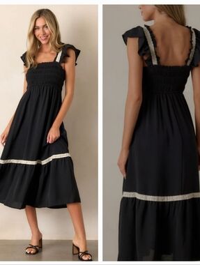 BY THE RIVER  Black Smocked Midi Dress  L